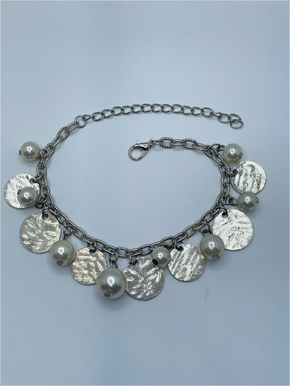 Silver Tone Faux Pearl Charm Bracelet Disc Dangle Boho